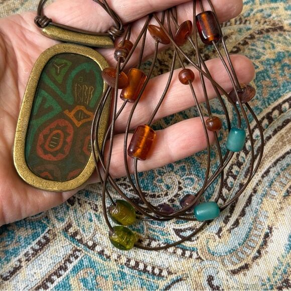 Chicos Signed Tribal Enamel Pendant Necklace Boho Statement Retired - Picture 1 of 8